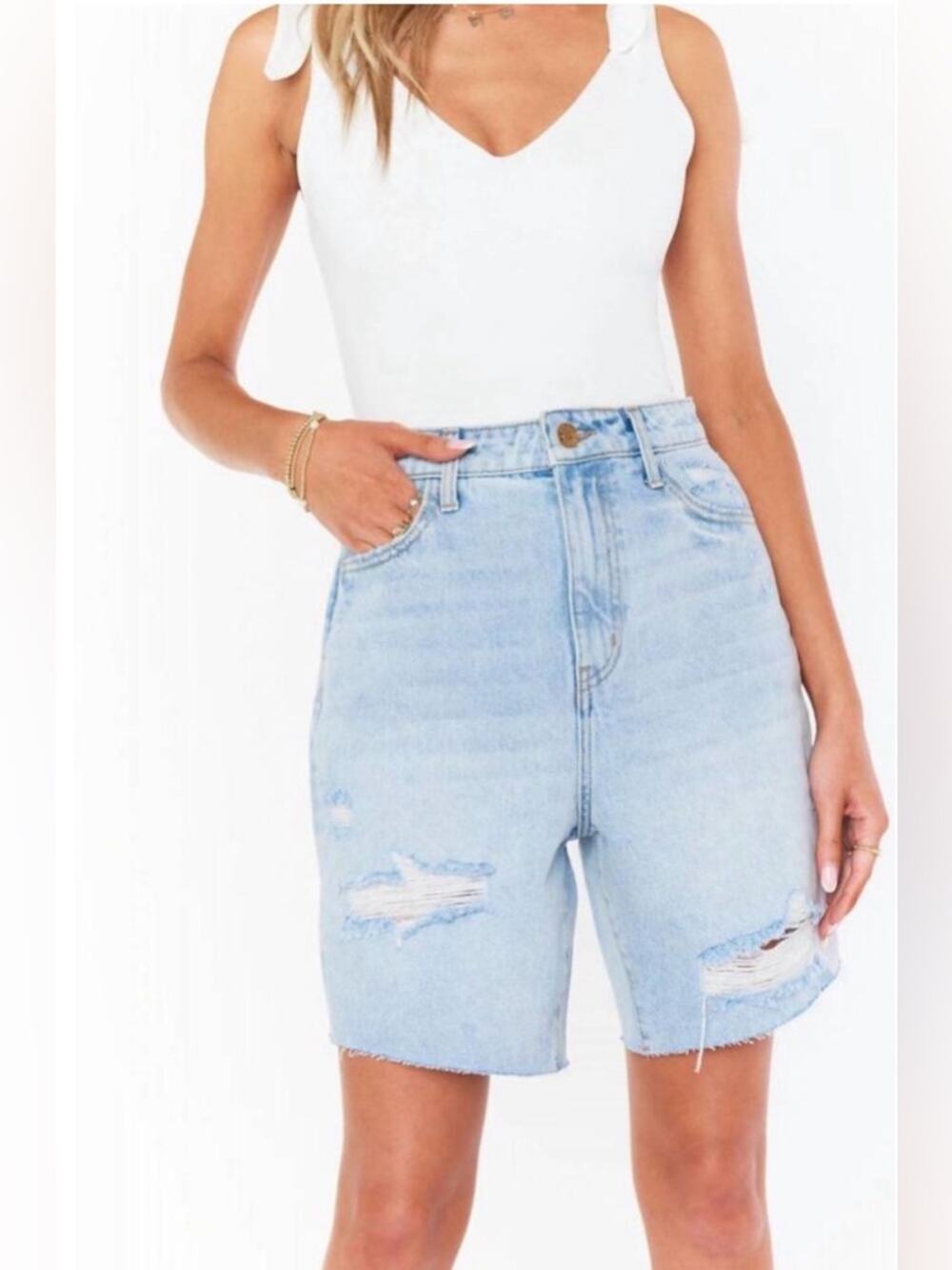SHOW ME YOUR MUMU Women's Brentwood Distressed Bermuda Denim Jean Shorts 31